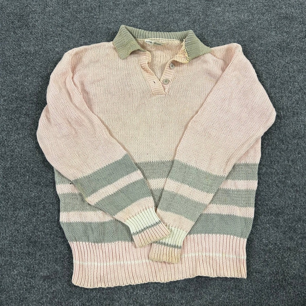 Nancy Heller Sweater Womens Size 1 Pink Green Striped Cotton Knit Polo Vintage